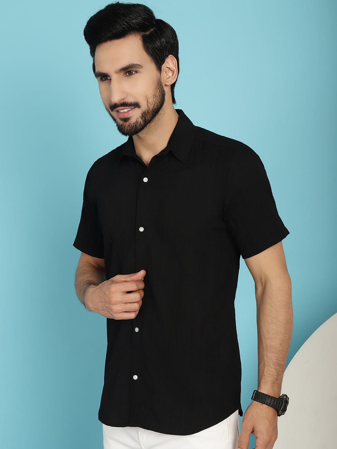 Indian Needle Men's Striped Casual Shirt - Black | Swadesiicart