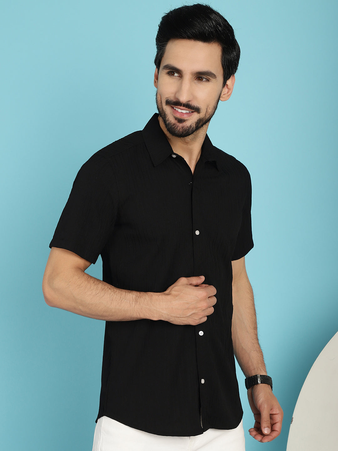 Indian Needle Men's Striped Casual Shirt - Black | Swadesiicart