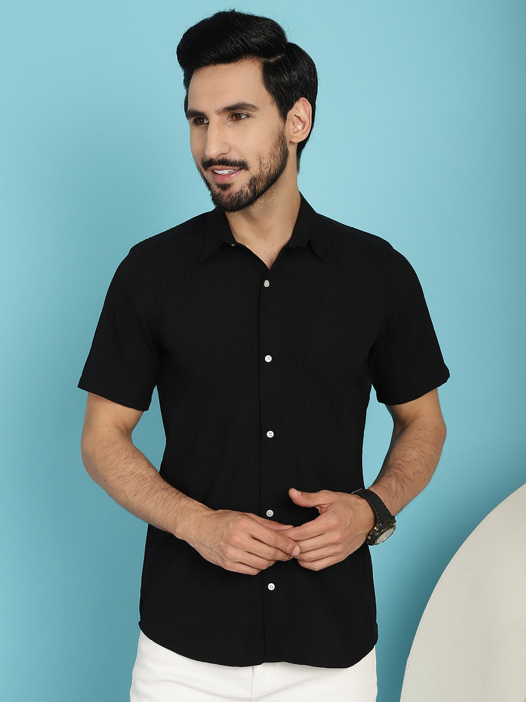 Indian Needle Men's Striped Casual Shirt - Black | Swadesiicart