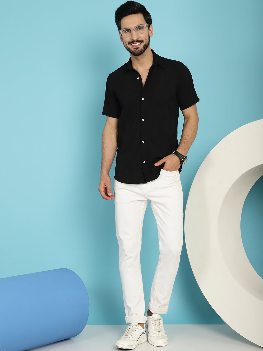 Indian Needle Men's Striped Casual Shirt - Black | Swadesiicart