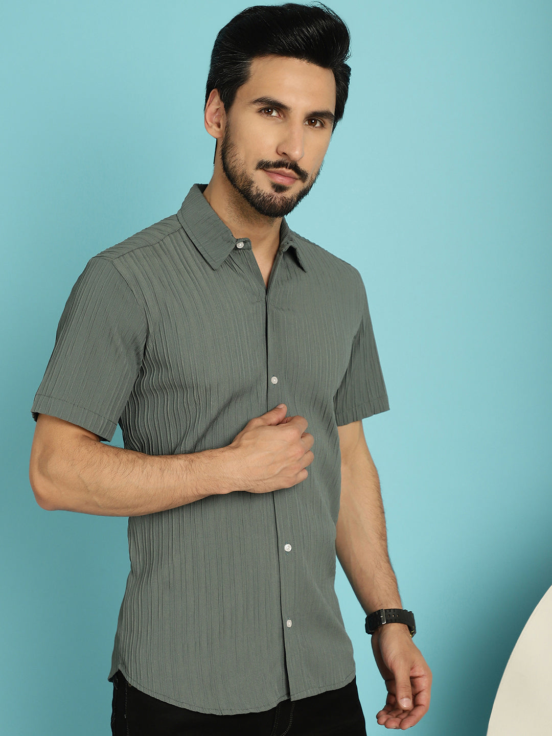 Indian Needle Men's Striped Casual Shirt - Grey | Swadesiicart