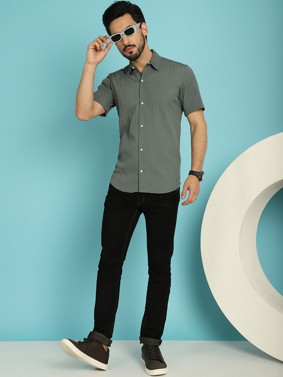 Indian Needle Men's Striped Casual Shirt - Grey | Swadesiicart