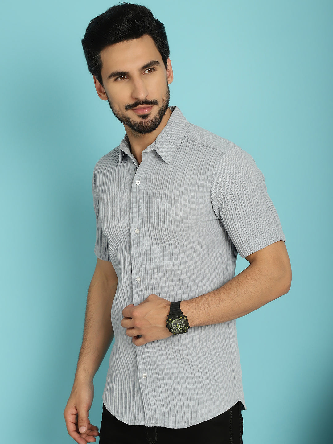 Indian Needle Men's Striped Casual Shirt - Light-Grey | Swadesiicart