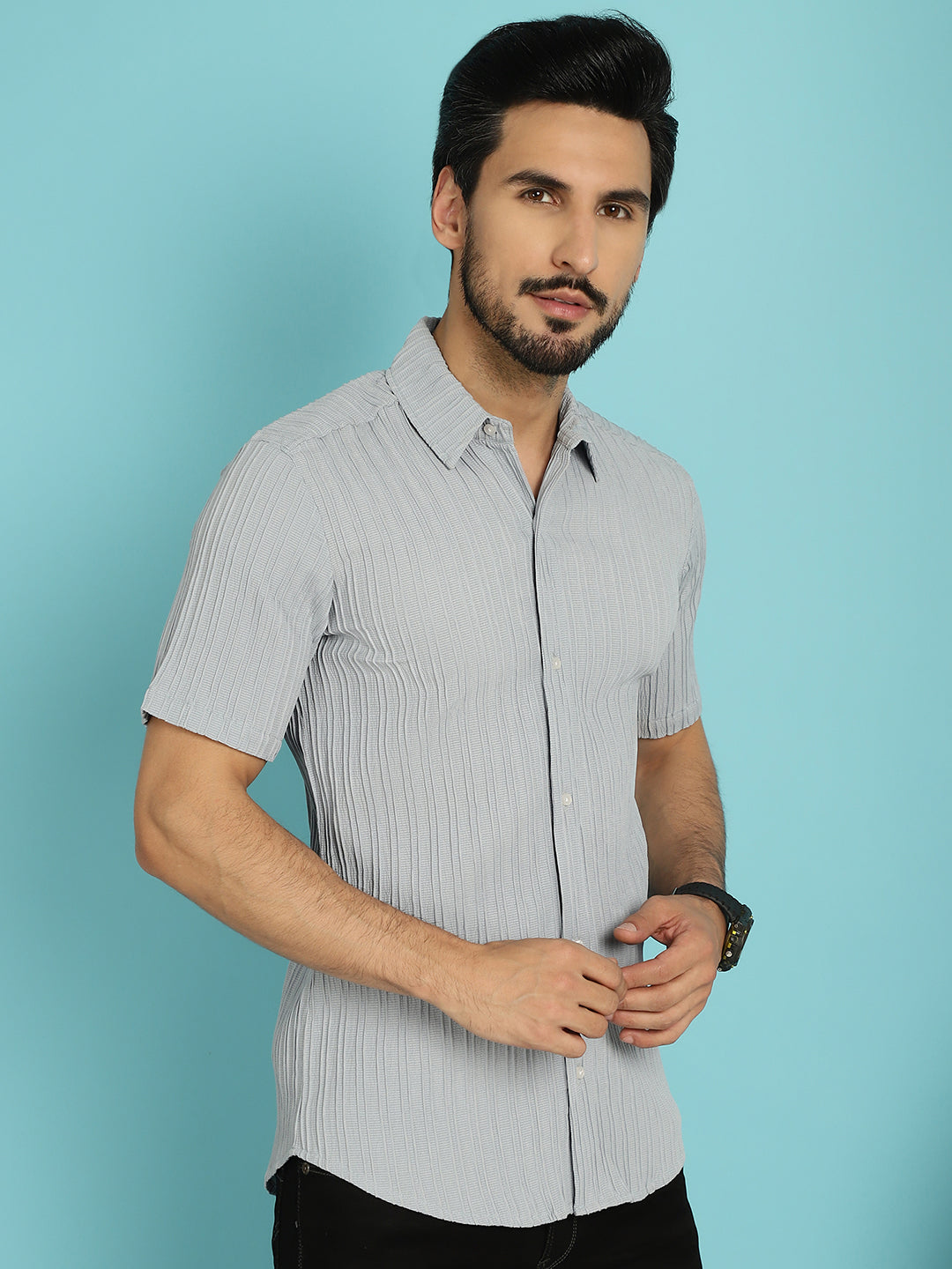 Indian Needle Men's Striped Casual Shirt - Light-Grey | Swadesiicart