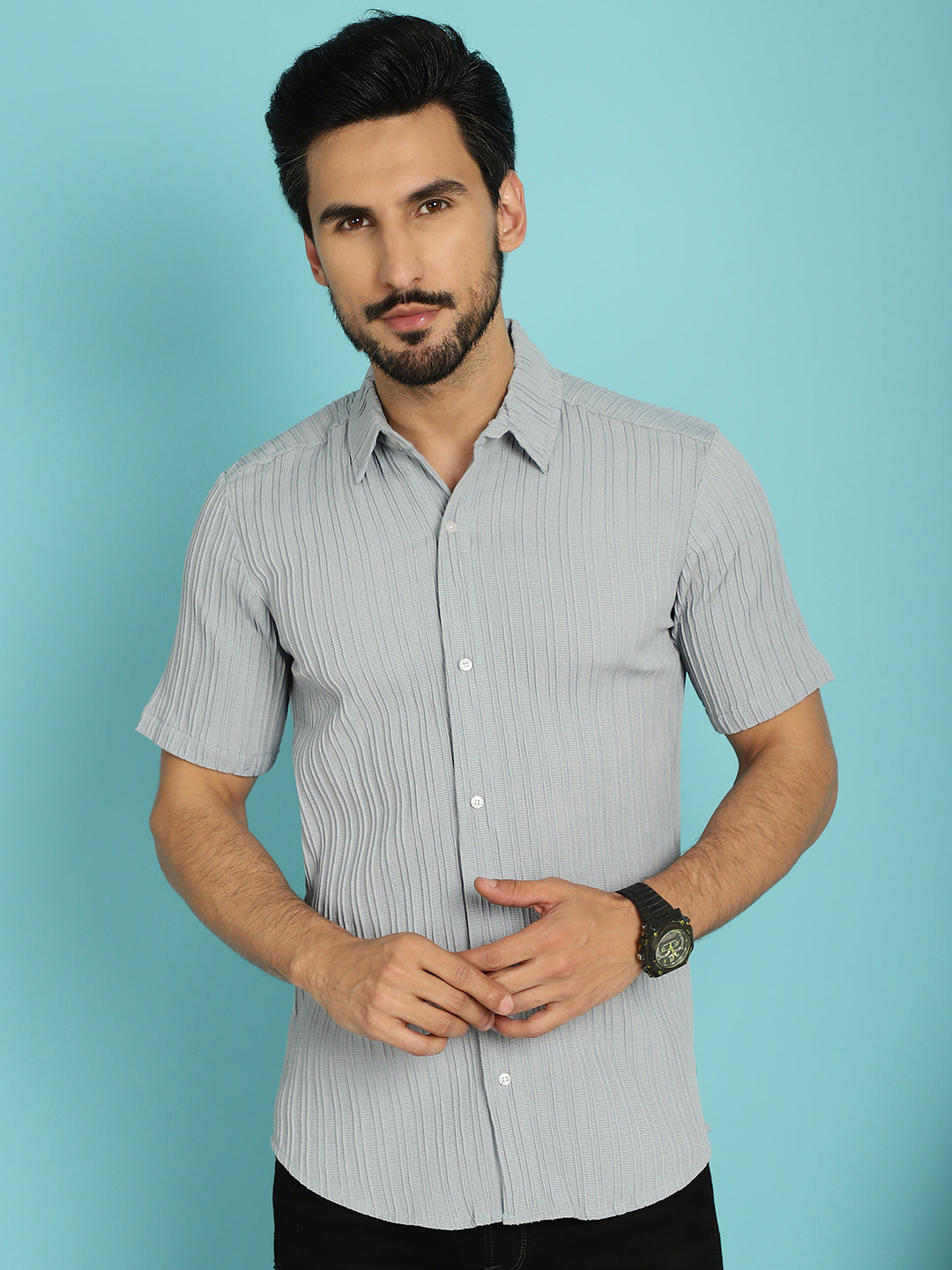 Indian Needle Men's Striped Casual Shirt - Light-Grey | Swadesiicart
