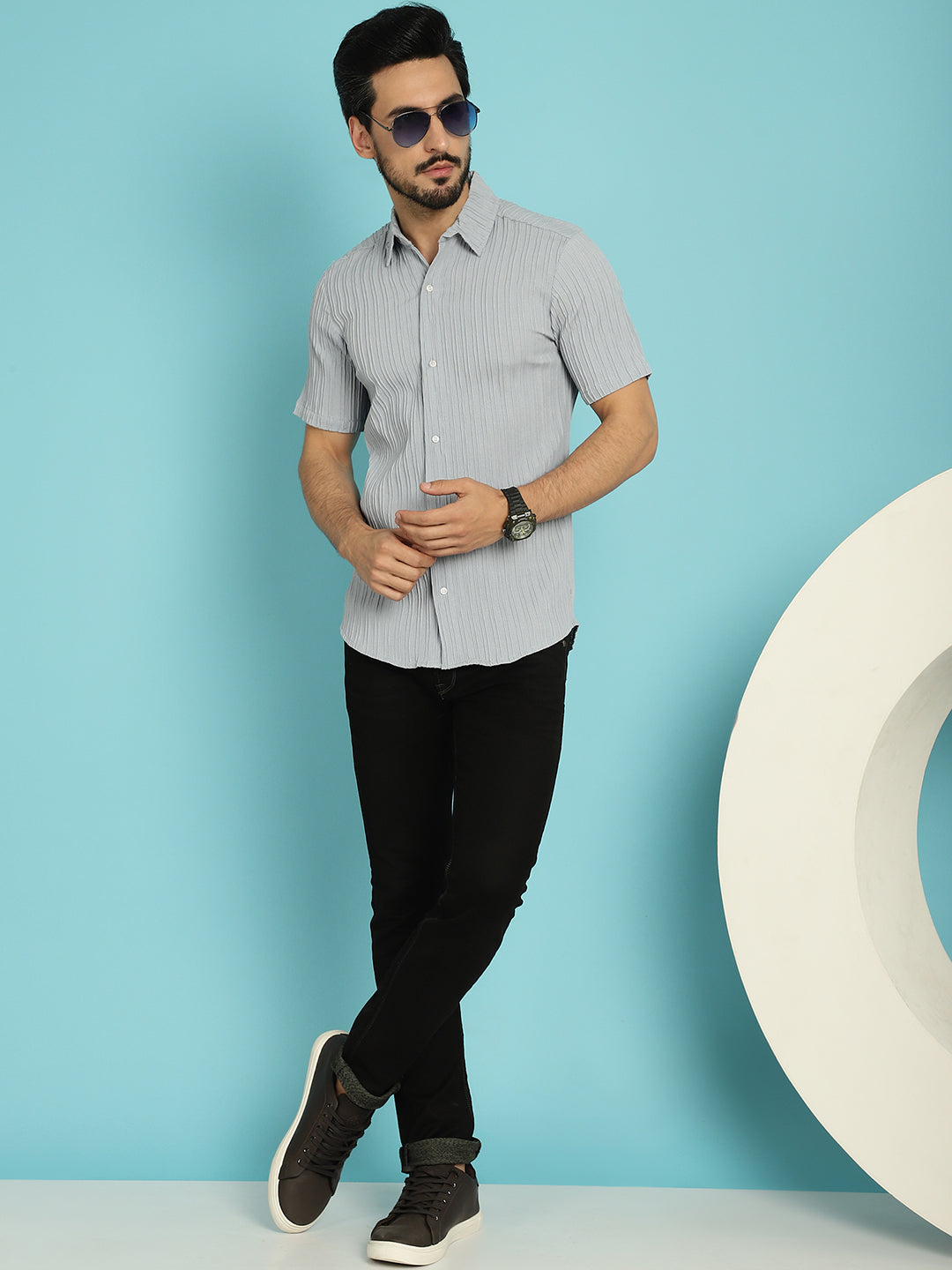 Indian Needle Men's Striped Casual Shirt - Light-Grey | Swadesiicart