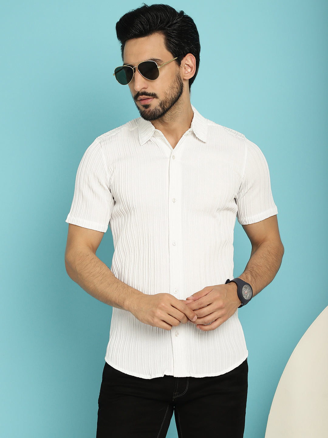 Indian Needle Men's Striped Casual Shirt - White | Swadesiicart
