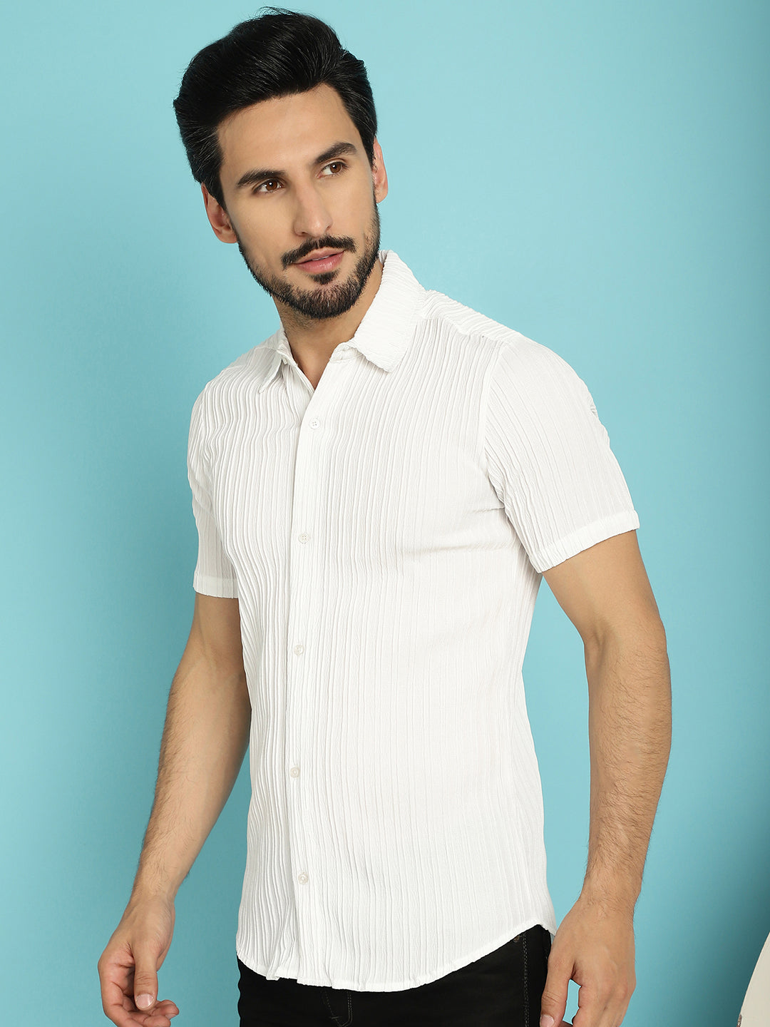 Indian Needle Men's Striped Casual Shirt - White | Swadesiicart