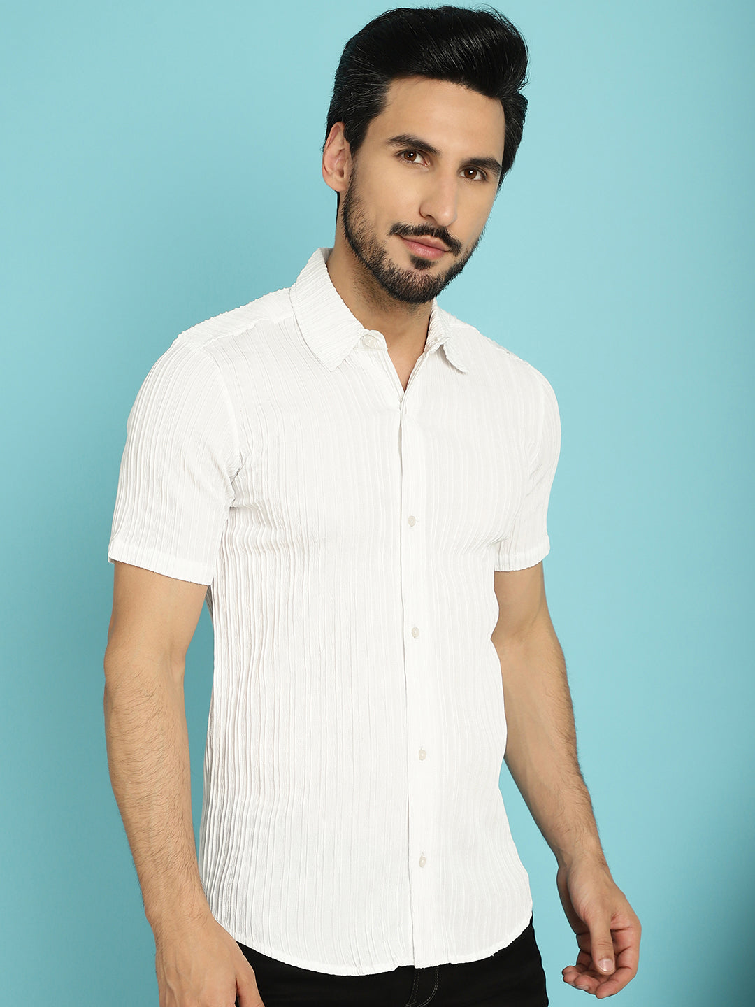 Indian Needle Men's Striped Casual Shirt - White | Swadesiicart