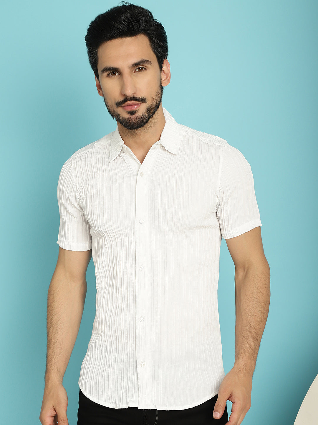 Indian Needle Men's Striped Casual Shirt - White | Swadesiicart