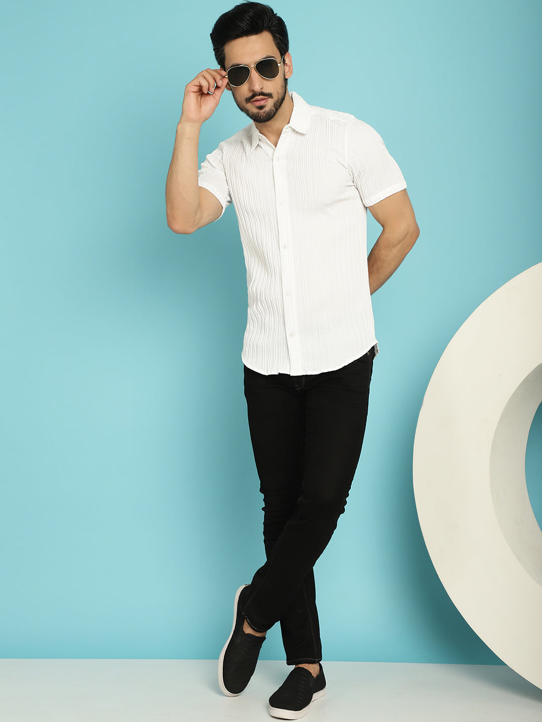 Indian Needle Men's Striped Casual Shirt - White | Swadesiicart