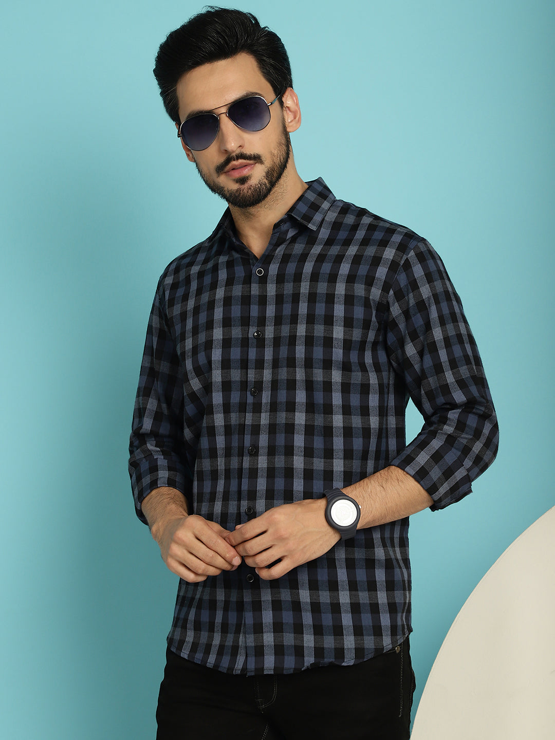Indian Needle Men's Checked Casual Shirt - Navy Blue | Swadesiicart