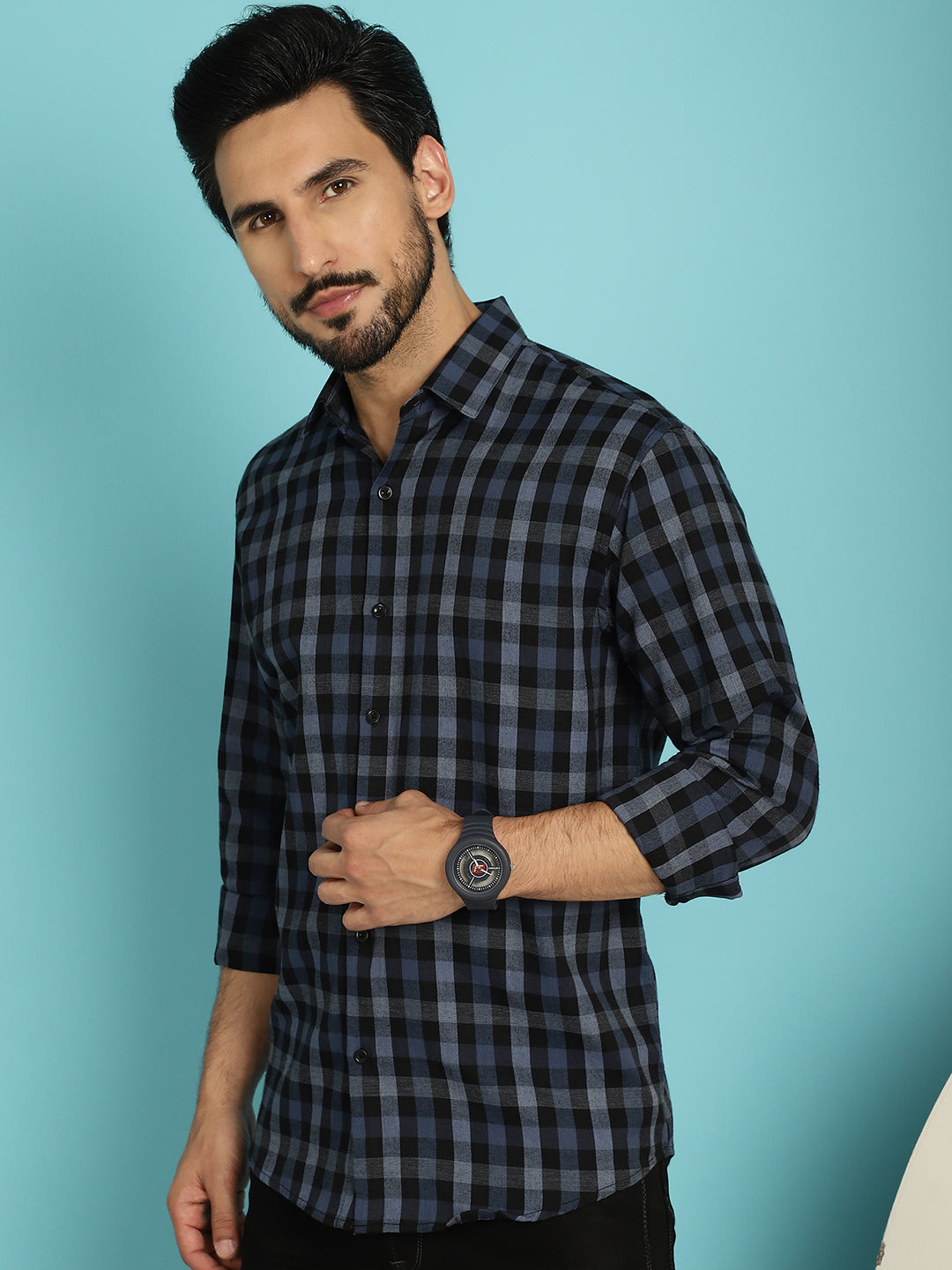 Indian Needle Men's Checked Casual Shirt - Navy Blue | Swadesiicart