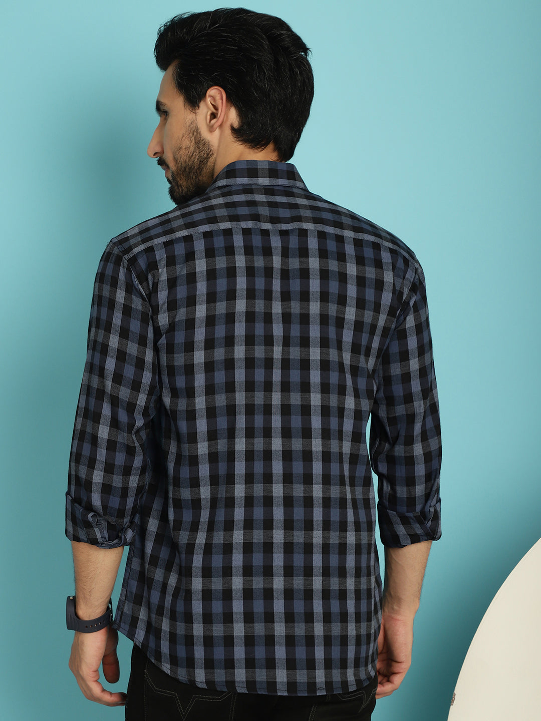 Indian Needle Men's Checked Casual Shirt - Navy Blue | Swadesiicart