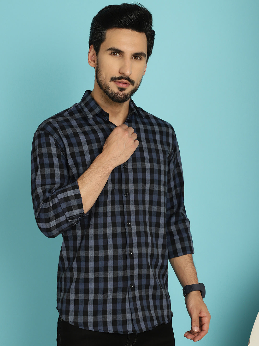 Indian Needle Men's Checked Casual Shirt - Navy Blue | Swadesiicart