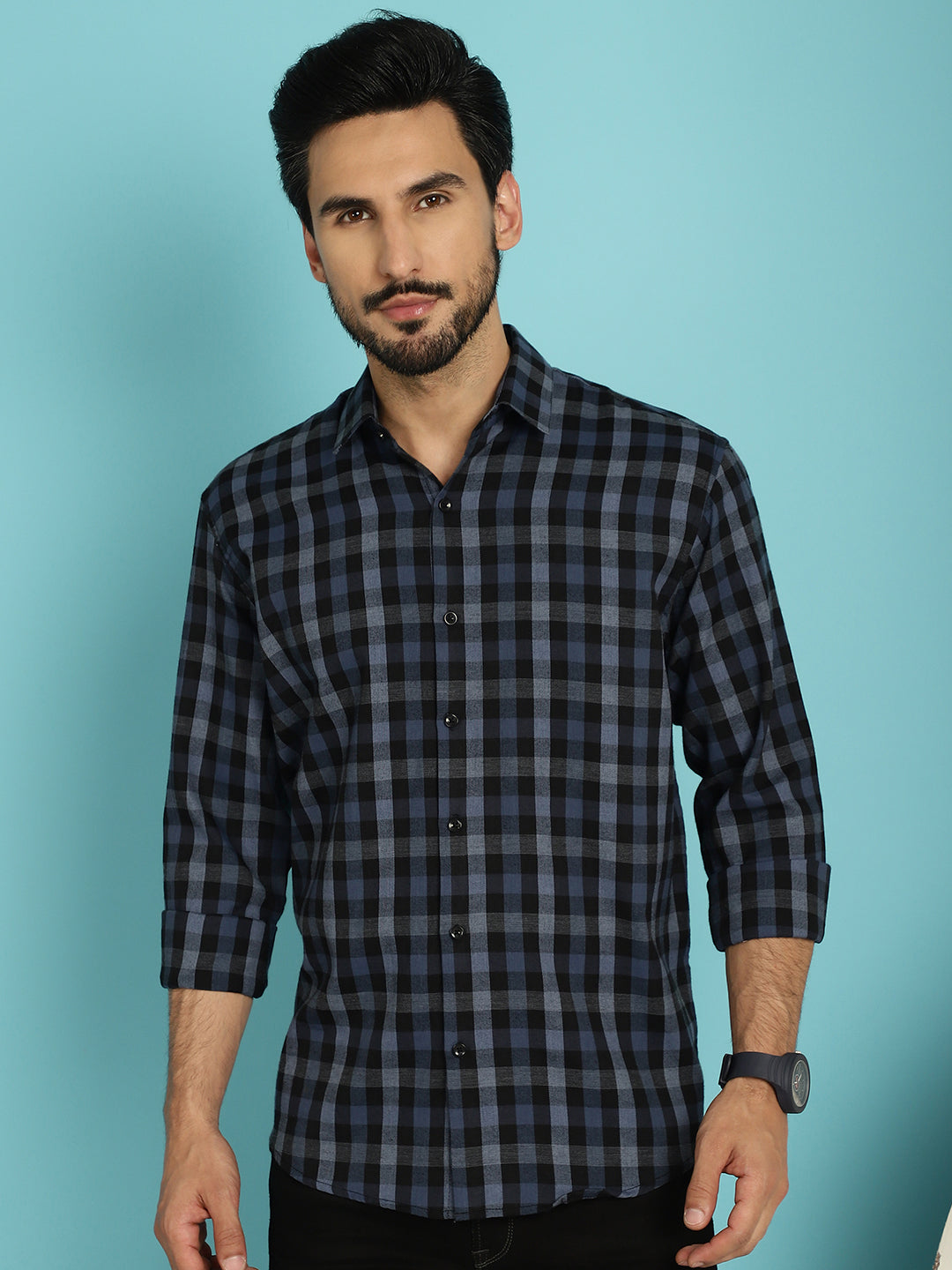Indian Needle Men's Checked Casual Shirt - Navy Blue | Swadesiicart
