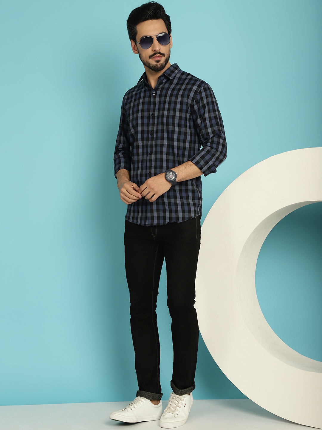 Indian Needle Men's Checked Casual Shirt - Navy Blue | Swadesiicart