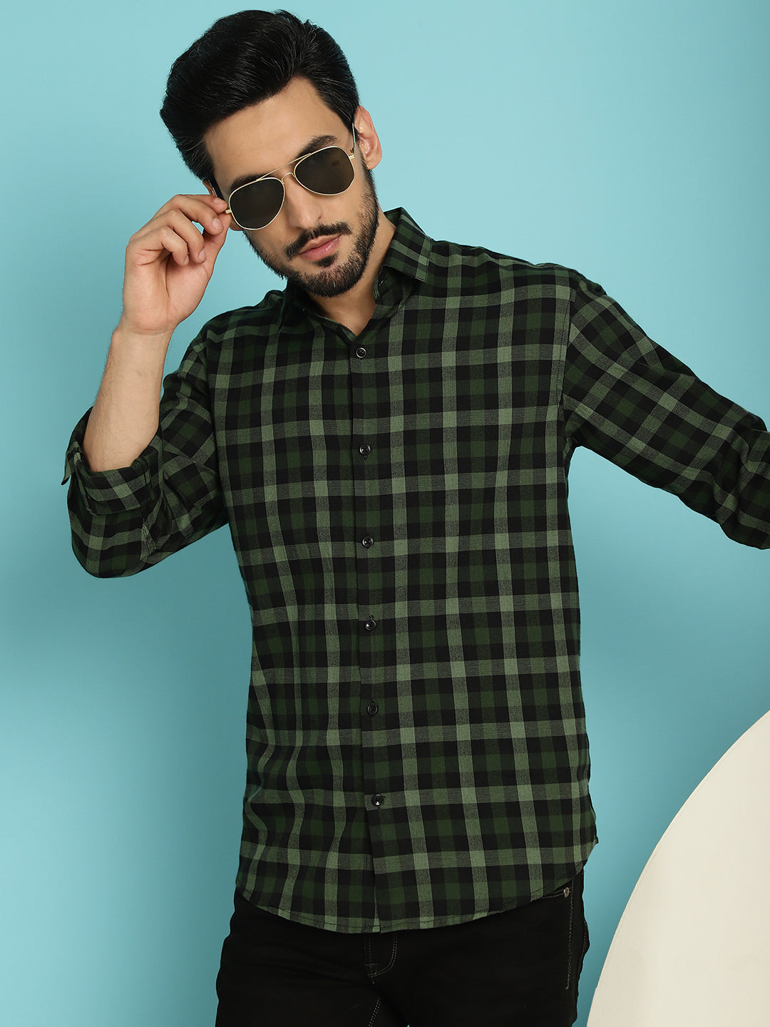 Indian Needle Men's Checked Casual Shirt - Olive | Swadesiicart