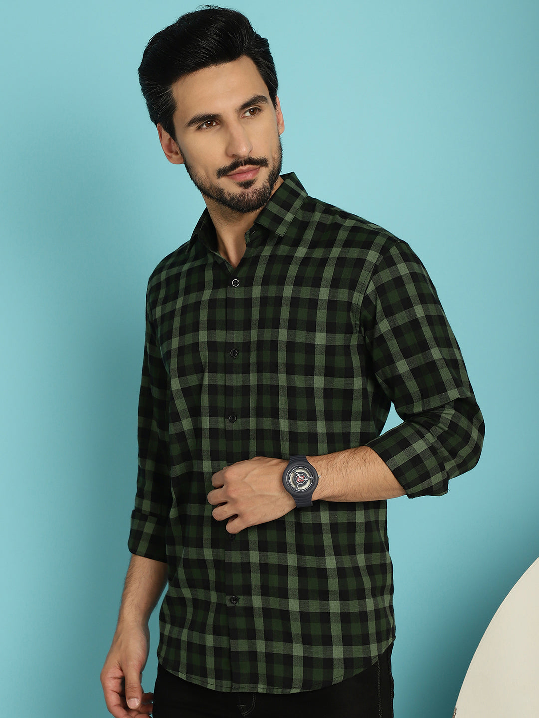 Indian Needle Men's Checked Casual Shirt - Olive | Swadesiicart