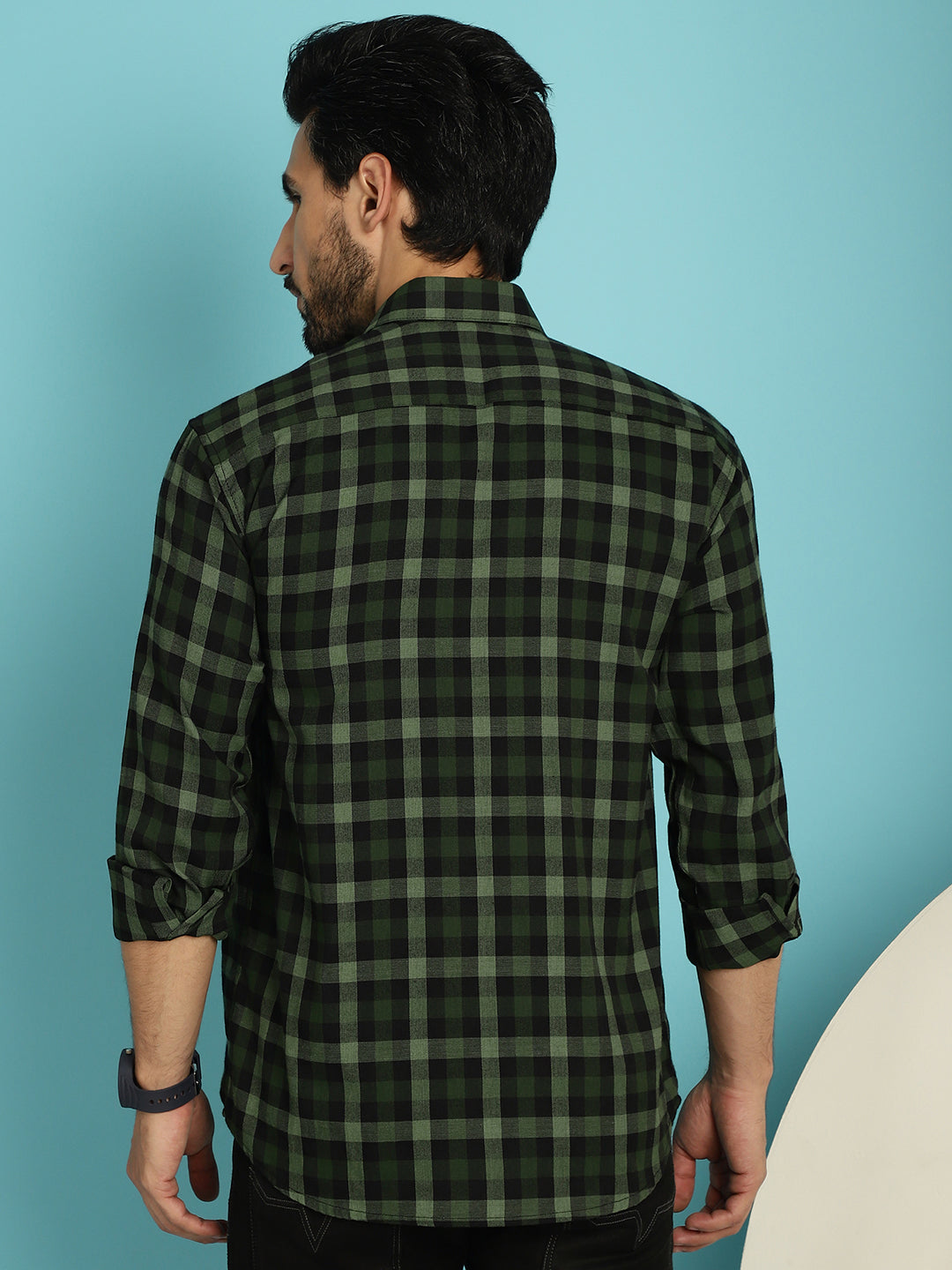 Indian Needle Men's Checked Casual Shirt - Olive | Swadesiicart