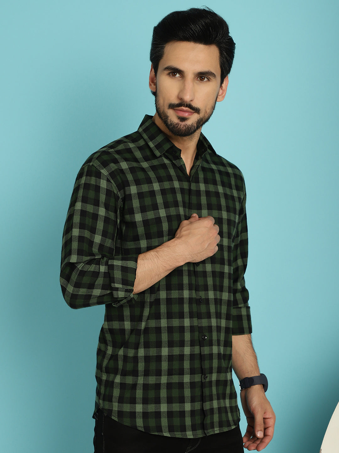 Indian Needle Men's Checked Casual Shirt - Olive | Swadesiicart