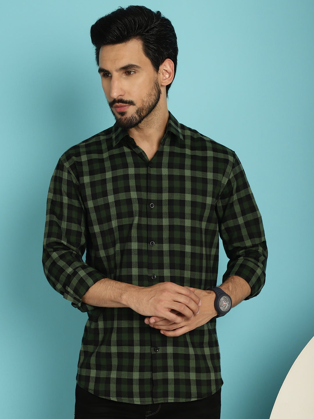 Indian Needle Men's Checked Casual Shirt - Olive | Swadesiicart
