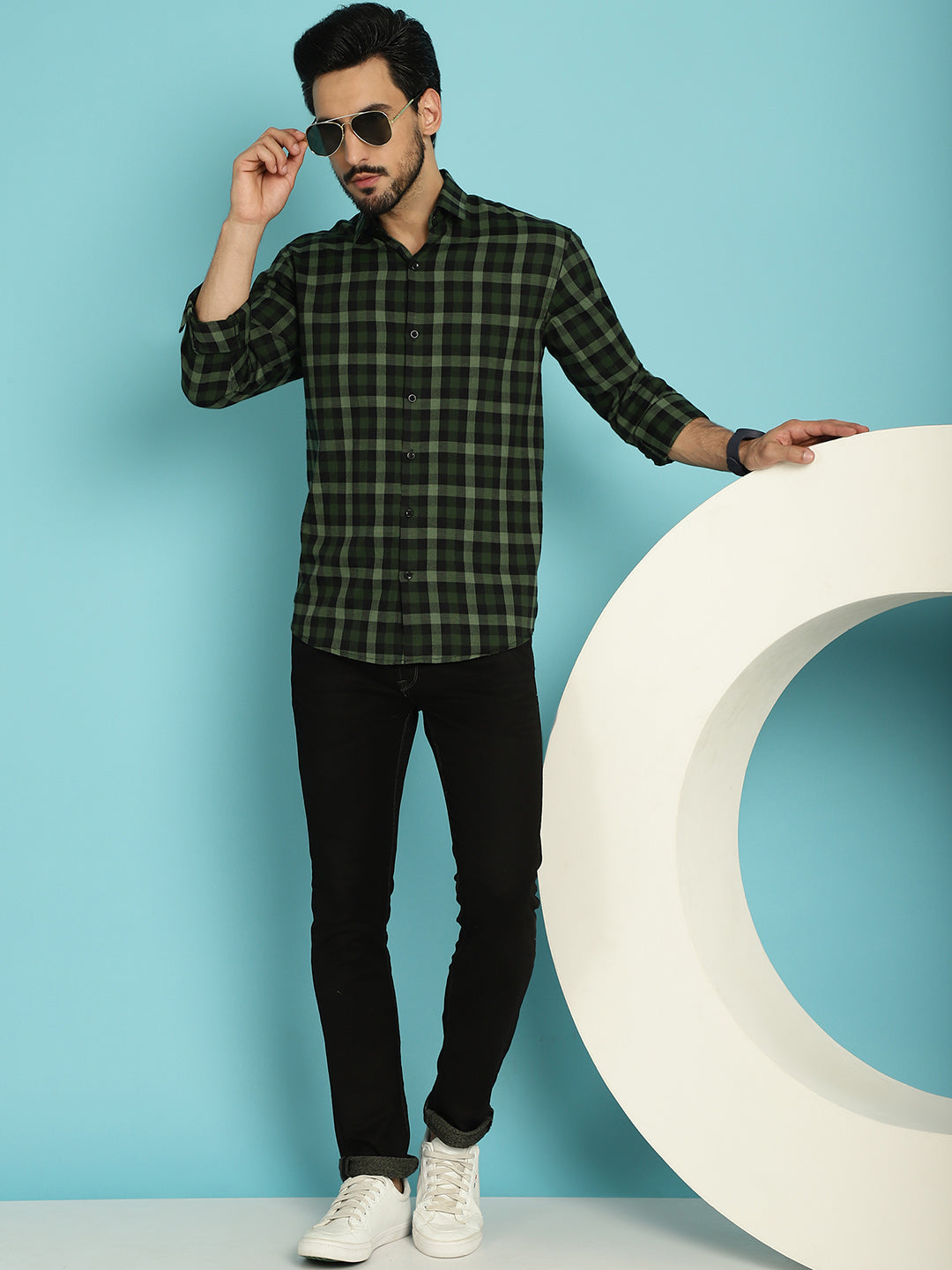 Indian Needle Men's Checked Casual Shirt - Olive | Swadesiicart
