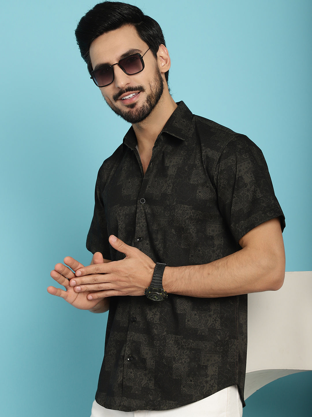 Indian Needle Men's Printed Casual Shirt - Black | Swadesiicart