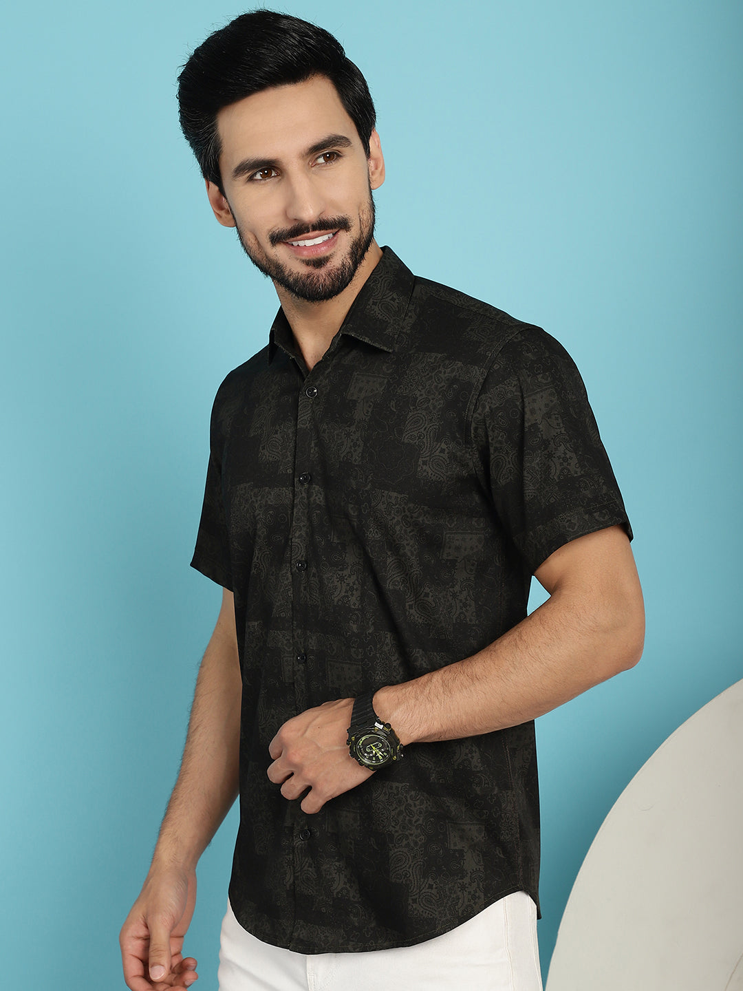 Indian Needle Men's Printed Casual Shirt - Black | Swadesiicart