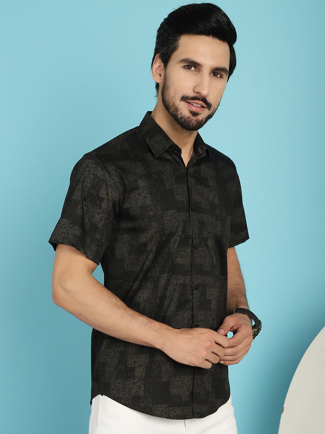 Indian Needle Men's Printed Casual Shirt - Black | Swadesiicart