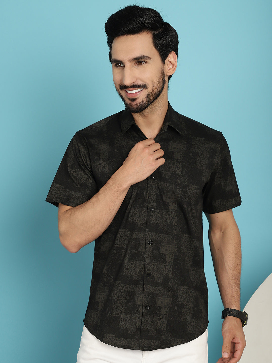 Indian Needle Men's Printed Casual Shirt - Black | Swadesiicart