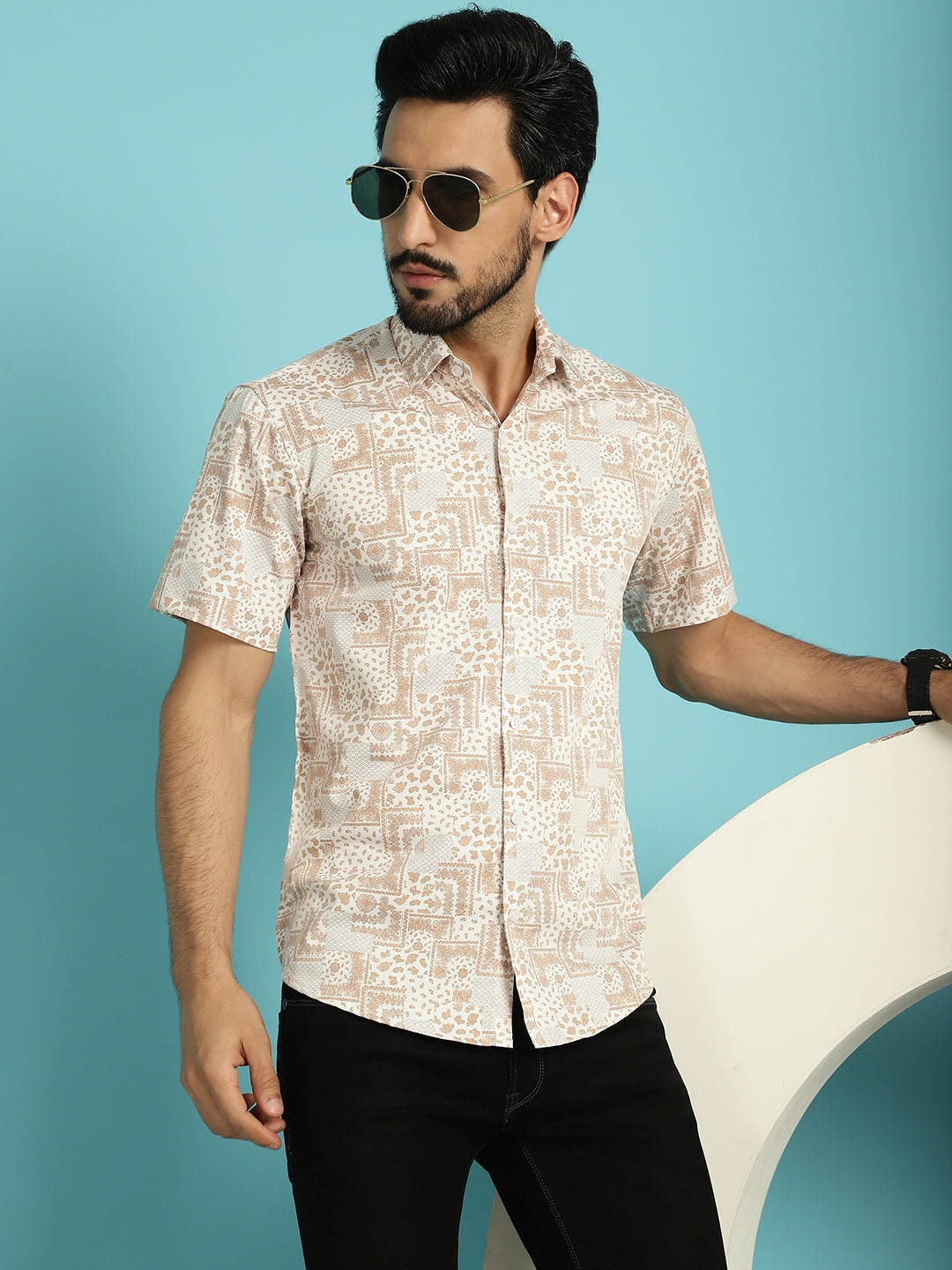 Indian Needle Men's Printed Casual Shirt - Peach | Swadesiicart