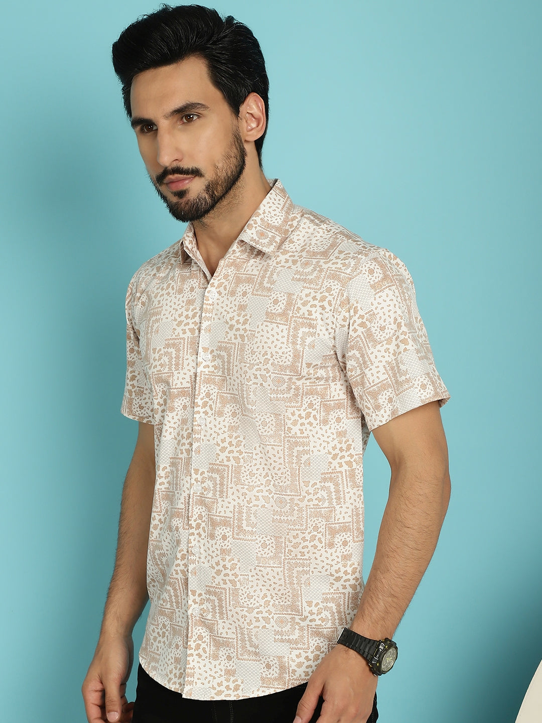 Indian Needle Men's Printed Casual Shirt - Peach | Swadesiicart