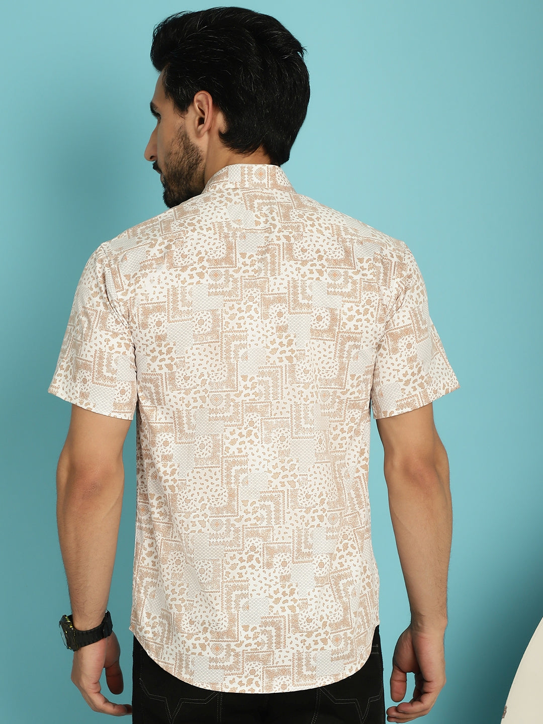 Indian Needle Men's Printed Casual Shirt - Peach | Swadesiicart