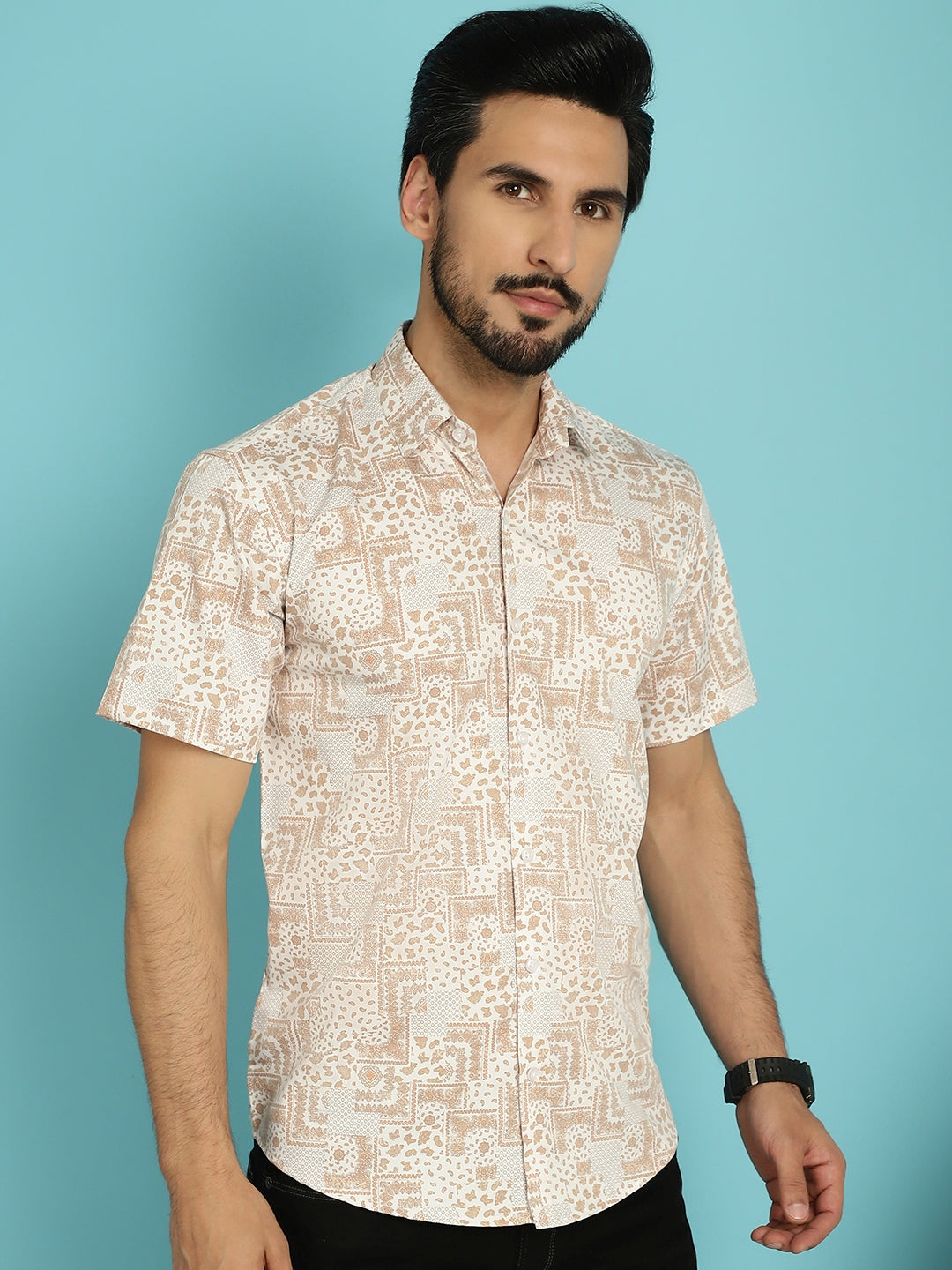 Indian Needle Men's Printed Casual Shirt - Peach | Swadesiicart