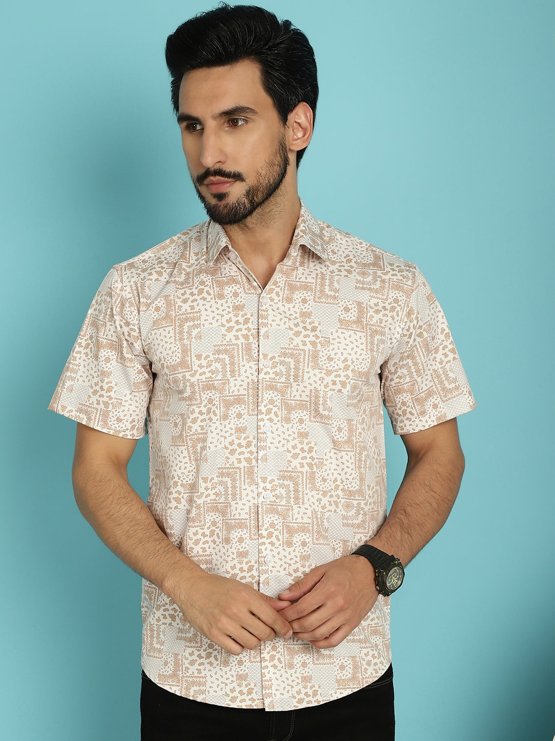 Indian Needle Men's Printed Casual Shirt - Peach | Swadesiicart