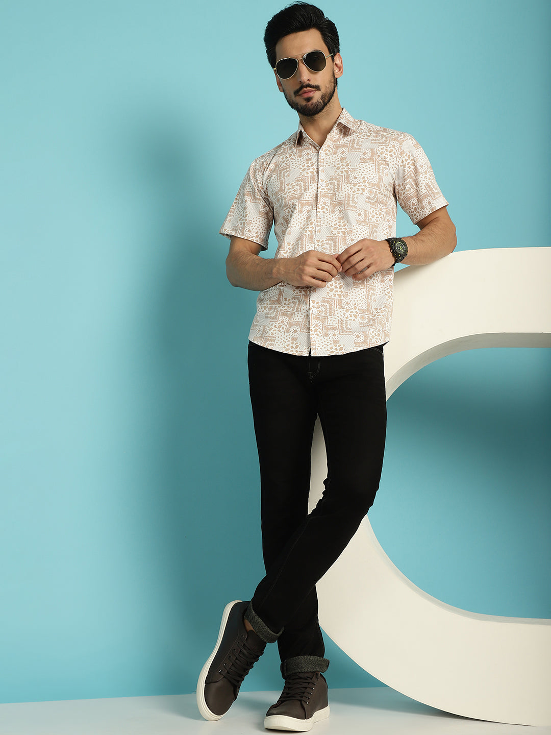 Indian Needle Men's Printed Casual Shirt - Peach | Swadesiicart