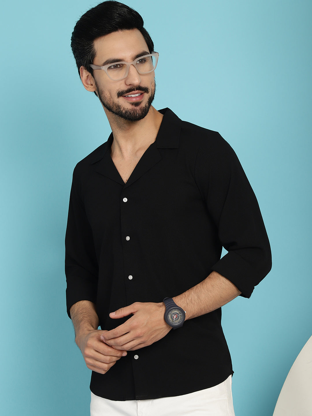 Indian Needle Men's Lapel Collar Casual Shirt - Black | Swadesiicart