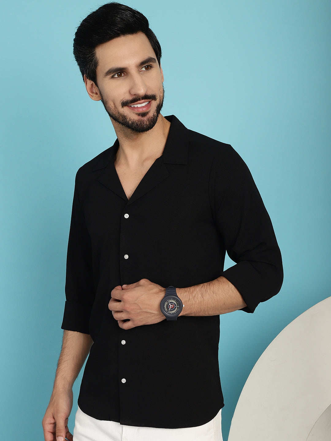 Indian Needle Men's Lapel Collar Casual Shirt - Black | Swadesiicart