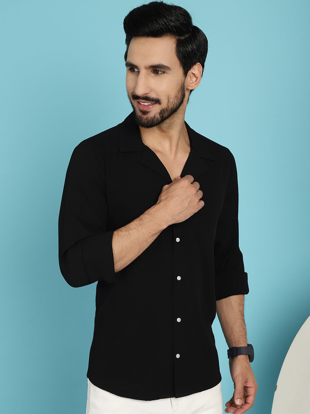 Indian Needle Men's Lapel Collar Casual Shirt - Black | Swadesiicart