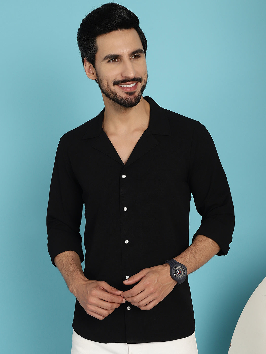 Indian Needle Men's Lapel Collar Casual Shirt - Black | Swadesiicart