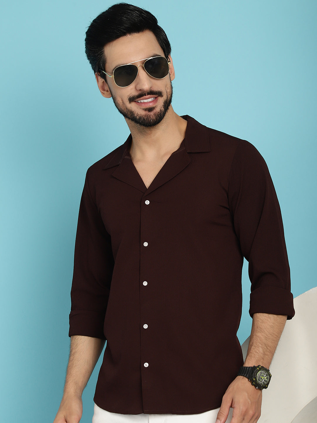 Indian Needle Men's Lapel Collar Casual Shirt - Coffee | Swadesiicart