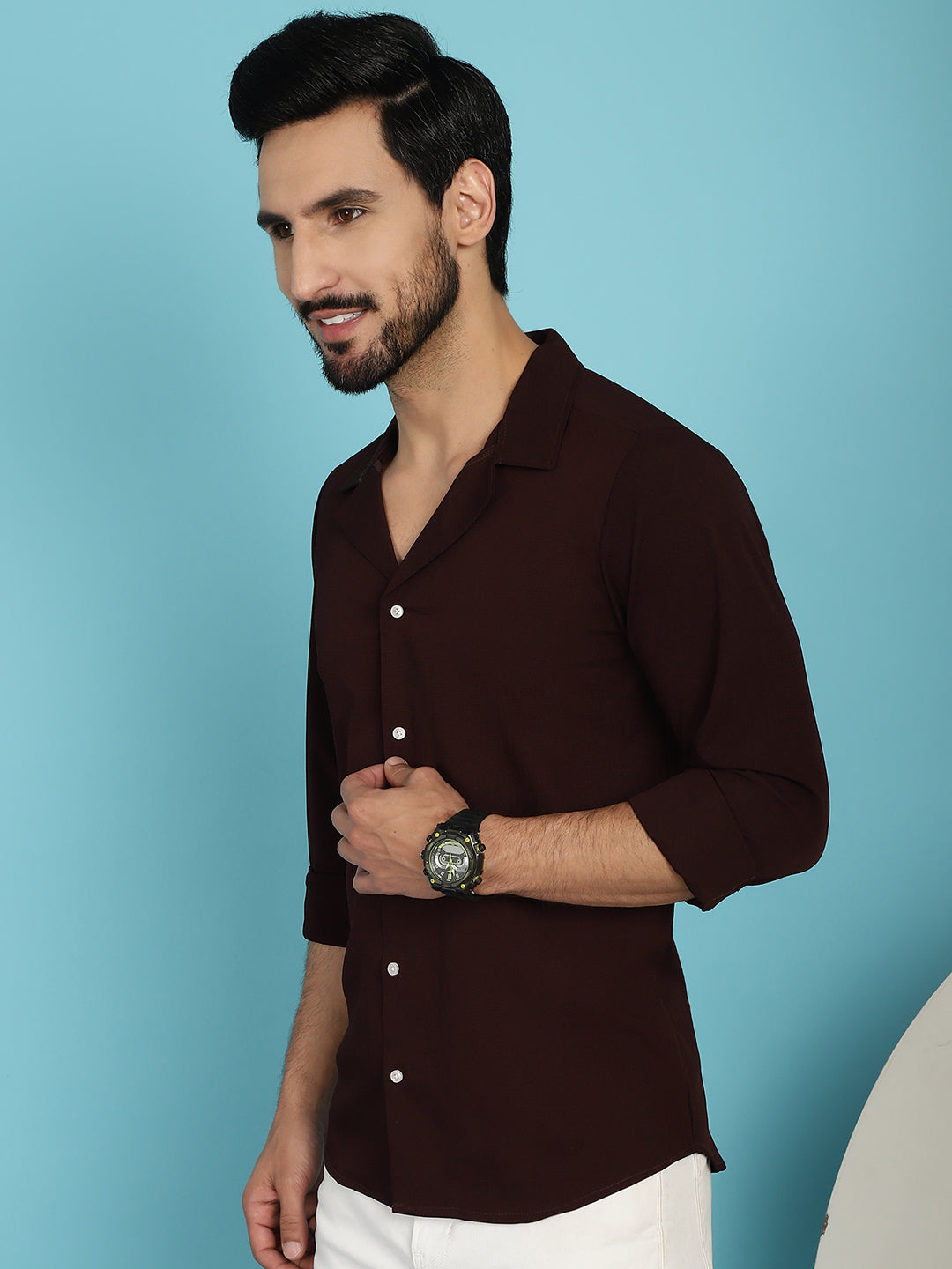 Indian Needle Men's Lapel Collar Casual Shirt - Coffee | Swadesiicart