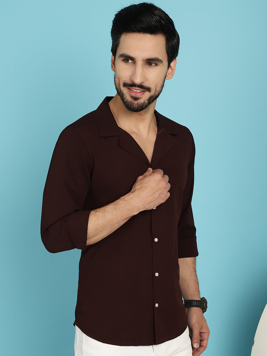 Indian Needle Men's Lapel Collar Casual Shirt - Coffee | Swadesiicart