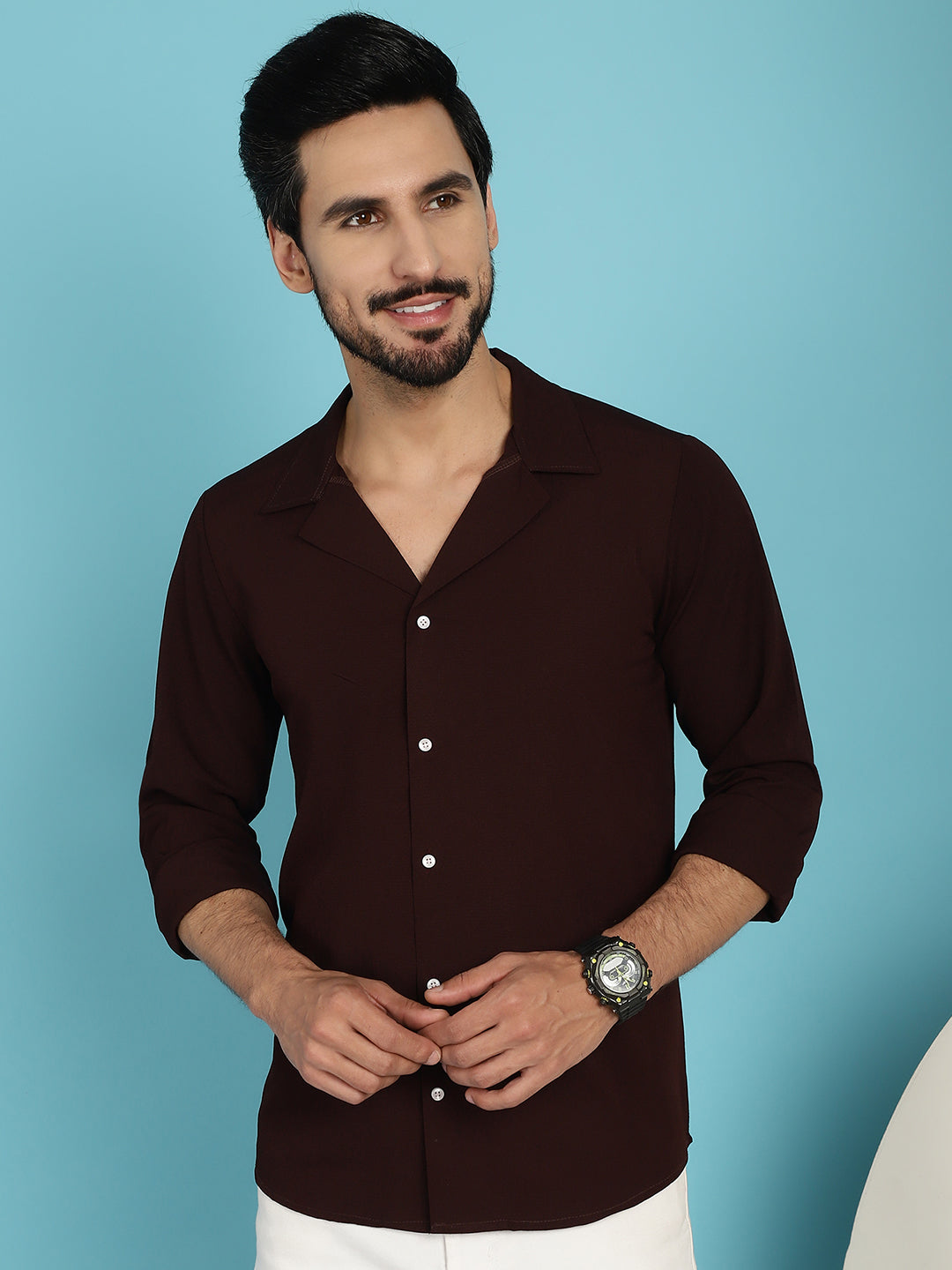 Indian Needle Men's Lapel Collar Casual Shirt - Coffee | Swadesiicart
