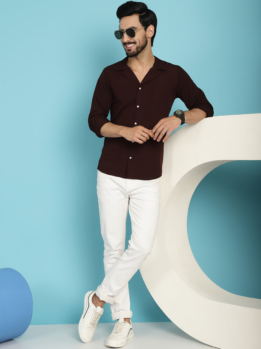 Indian Needle Men's Lapel Collar Casual Shirt - Coffee | Swadesiicart