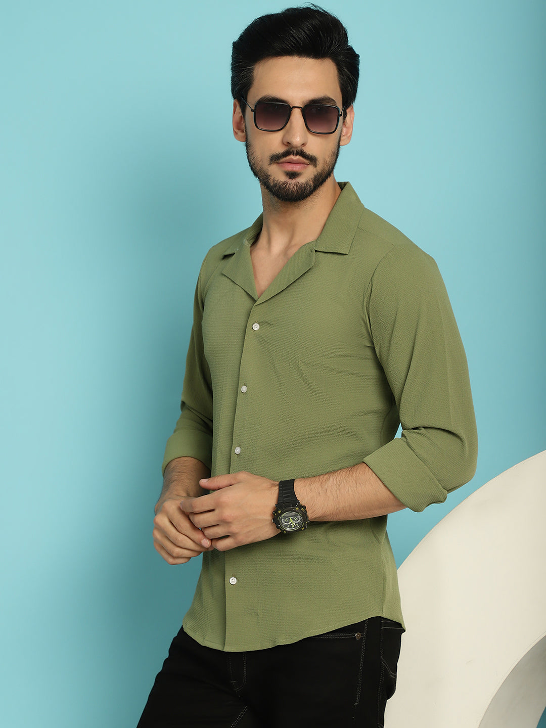 Indian Needle Men's Lapel Collar Casual Shirt - Olive | Swadesiicart