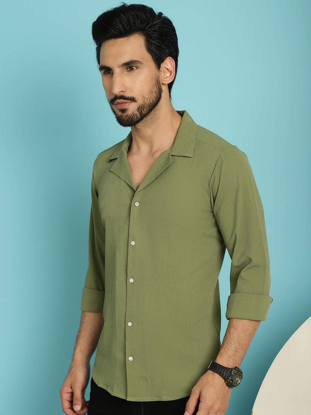 Indian Needle Men's Lapel Collar Casual Shirt - Olive | Swadesiicart