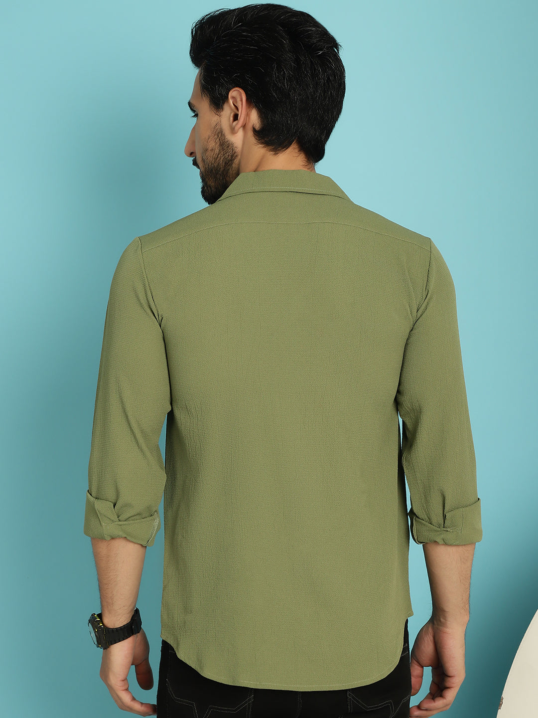 Indian Needle Men's Lapel Collar Casual Shirt - Olive | Swadesiicart