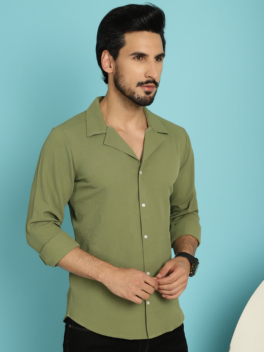 Indian Needle Men's Lapel Collar Casual Shirt - Olive | Swadesiicart